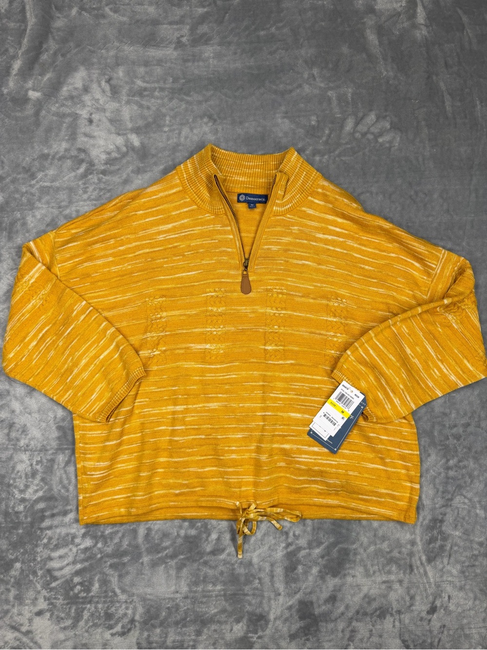 Democracy Three Quarter Sleeve Zip Mock Neck Tie Front Space Dye Sweater